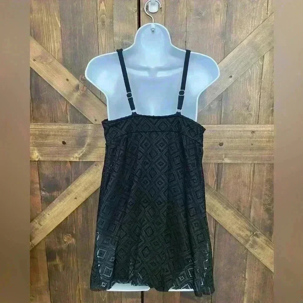 NWT Swim Solutions CROCHET BLACK Flyaway Tummy Control Swimdress Macys size 14 - Picture 4 of 11